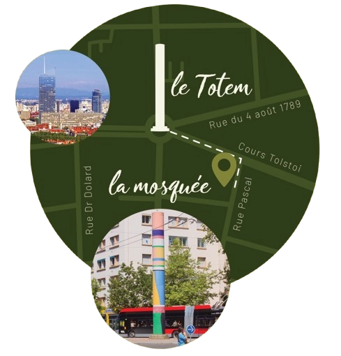 Plan de situation : la mosquée à 200 m du Totem de Villeurbanne
